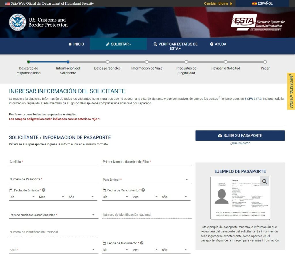 Sitio web oficial del ESTA para Estados Unidos