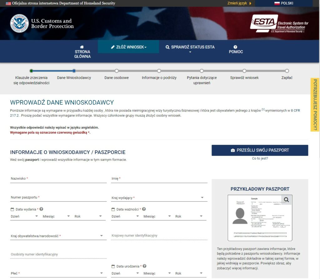 Oficjalna strona internetowa ESTA dla Stanów Zjednoczonych