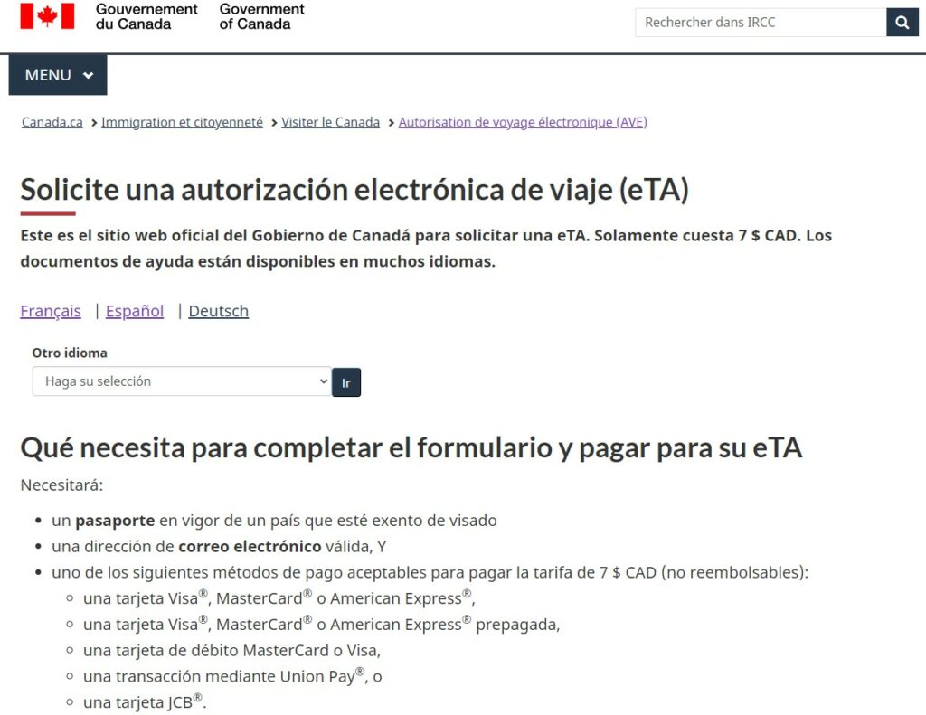 Solicitud en línea de eTA para viajar a Canadá