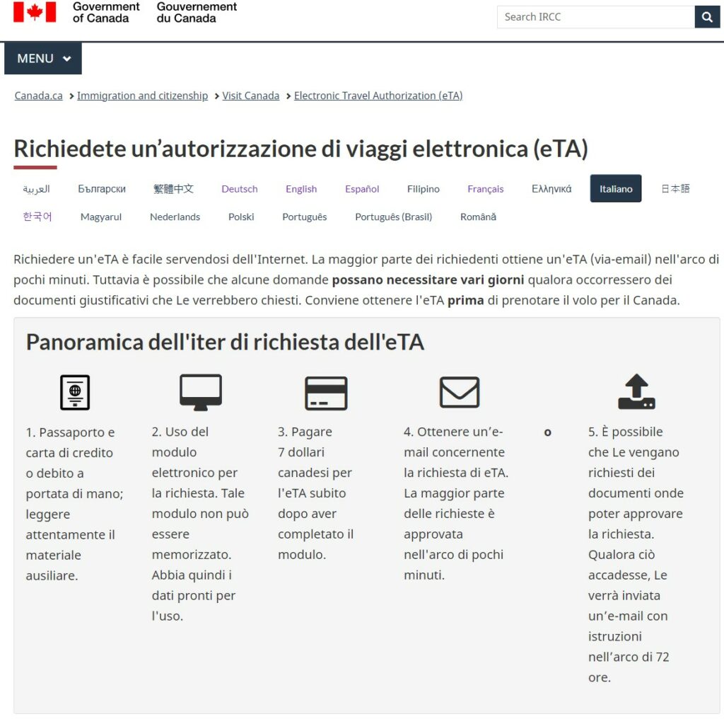 Richiesta online di eTA Canada per viaggiare in Canada