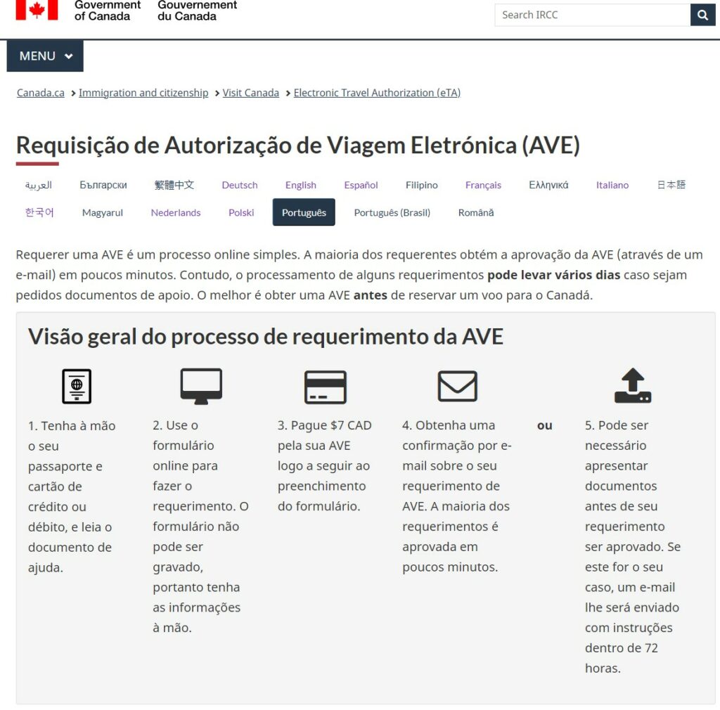 Aplicação em linha do eTA Canadá para viajar para o Canadá