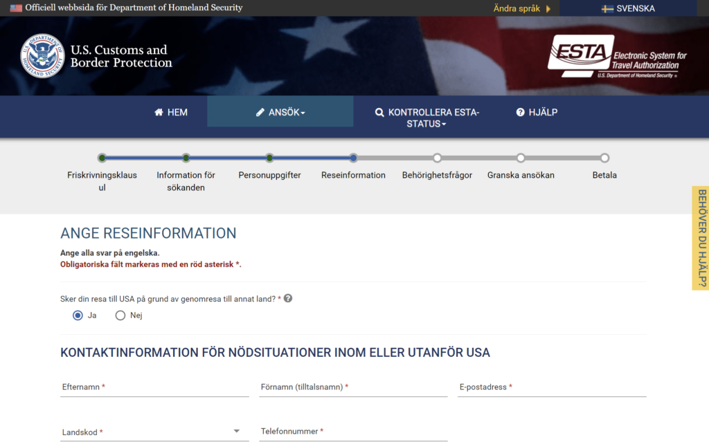 ESTA-blankett för mellanlandningar i USA