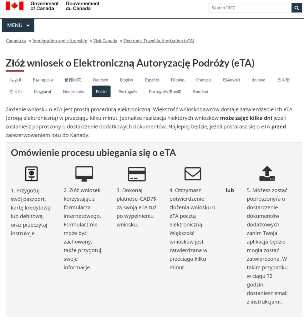 Aplikacja online eTA Canada na podróż do Kanady