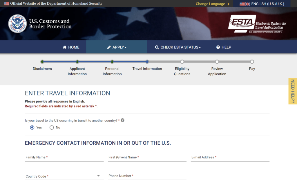 ESTA form for stopovers in the USA