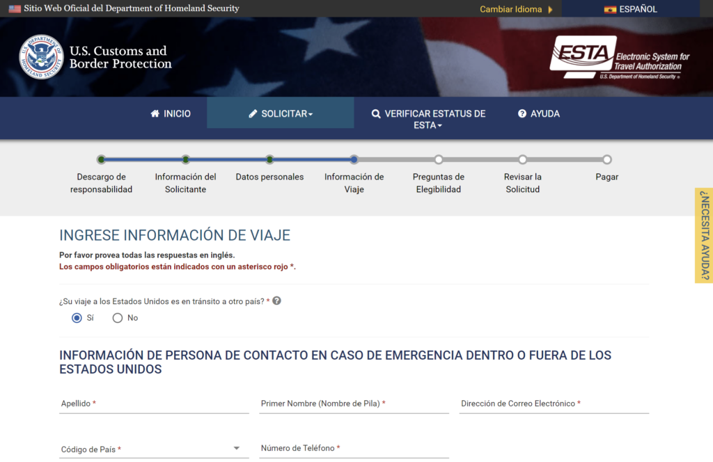 Formulario ESTA para escalas en EE.UU.