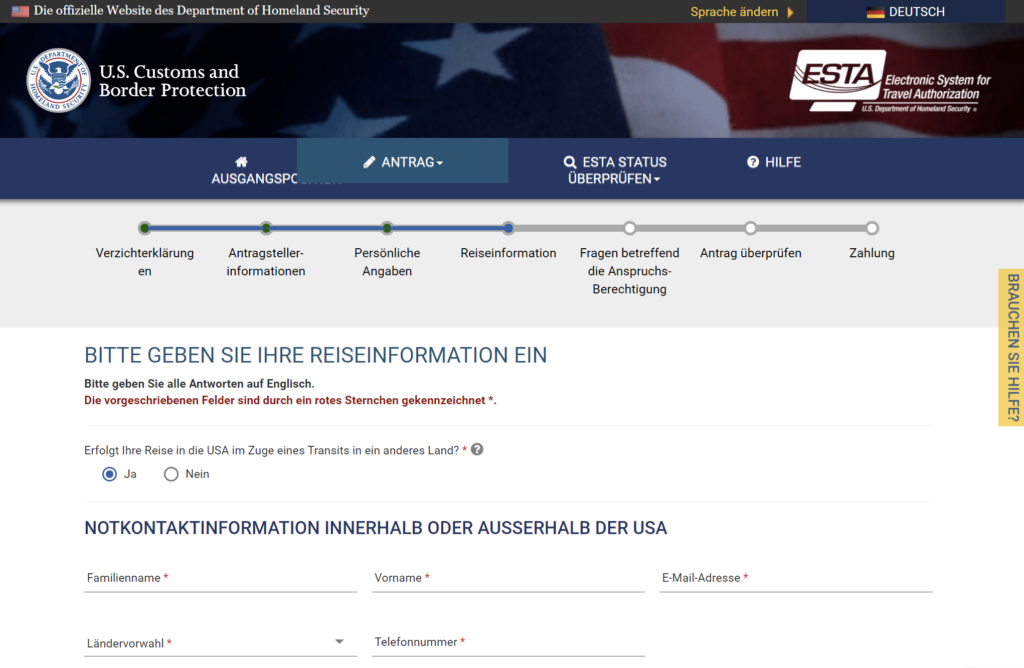 ESTA-Formular für einen Zwischenstopp in den USA