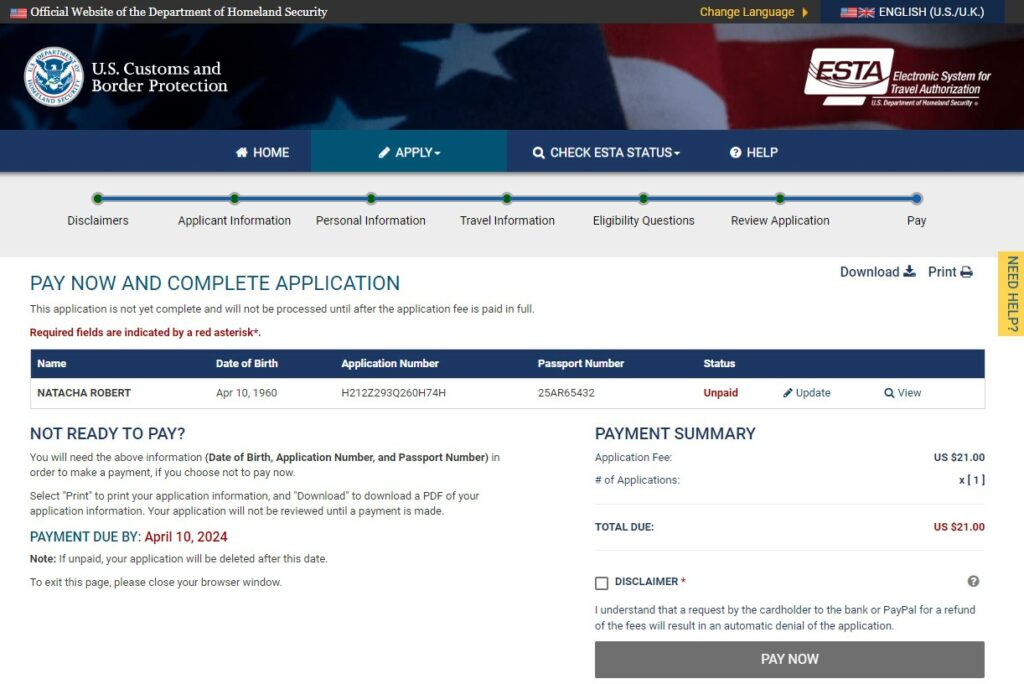 ESTA online payment page